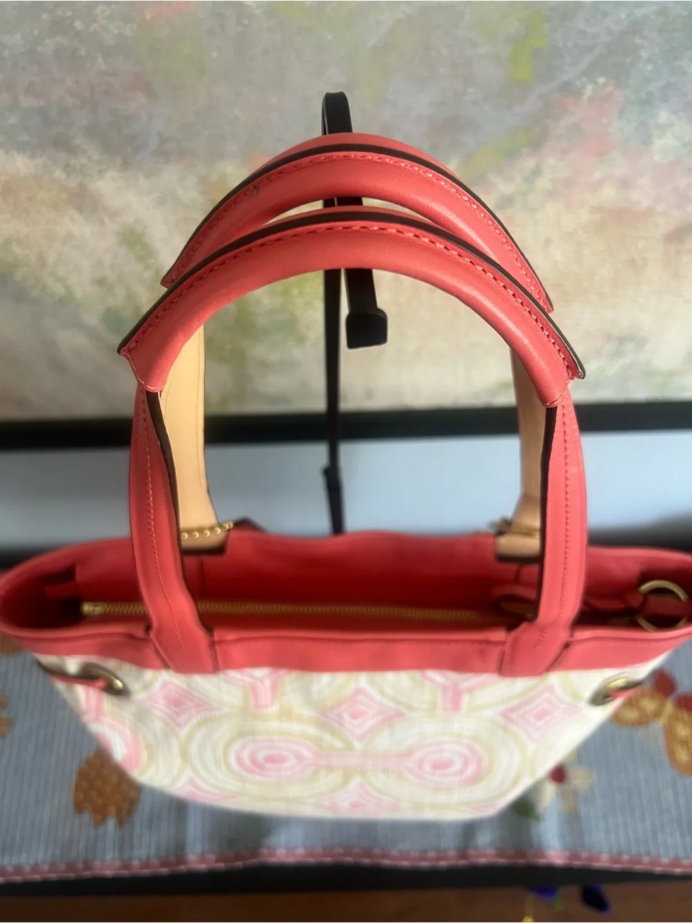 Coach Audrey Signature OP‎ Art Leigh Tote Bag Coral Pink Canvas Leather